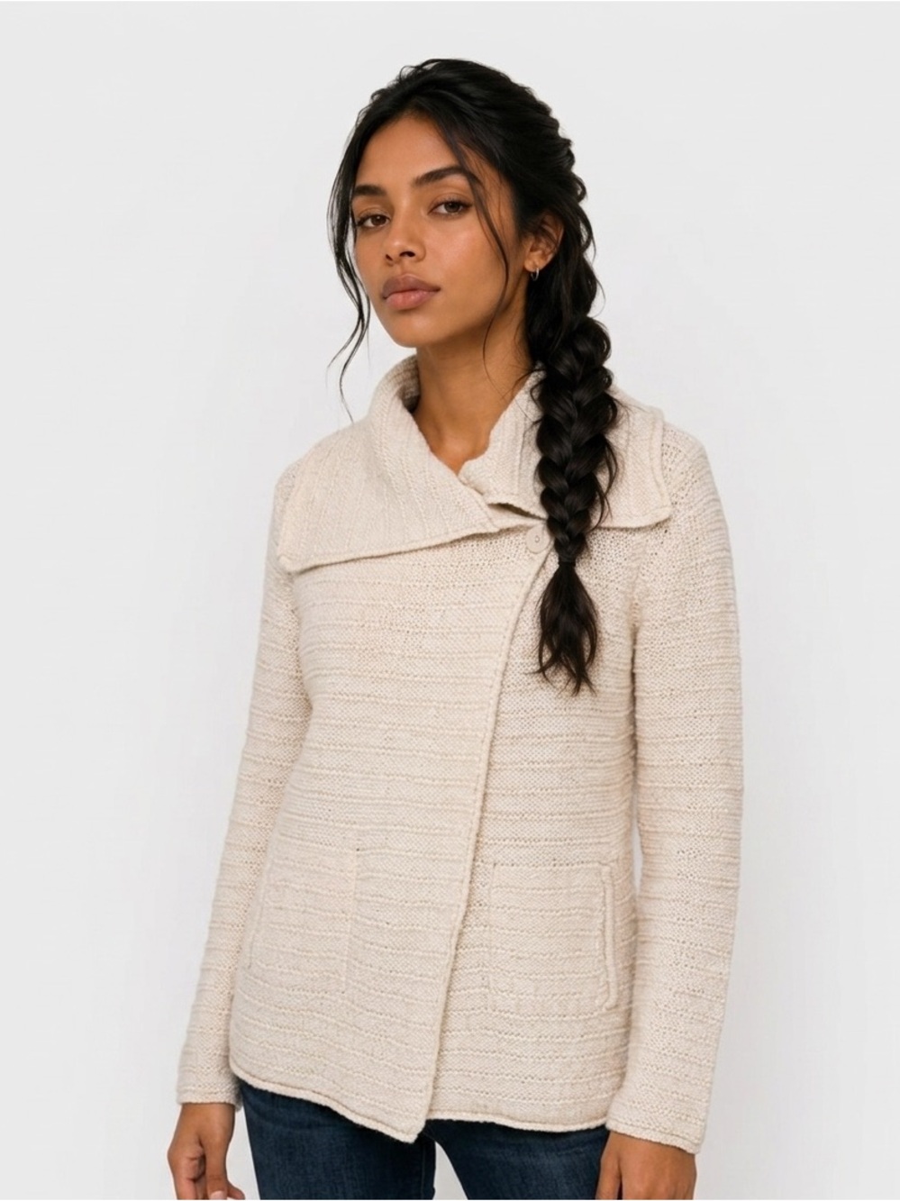 EDDIE BAUER Sweater Cross Front Warm Collar Pockets Creamy Beige Women Size L